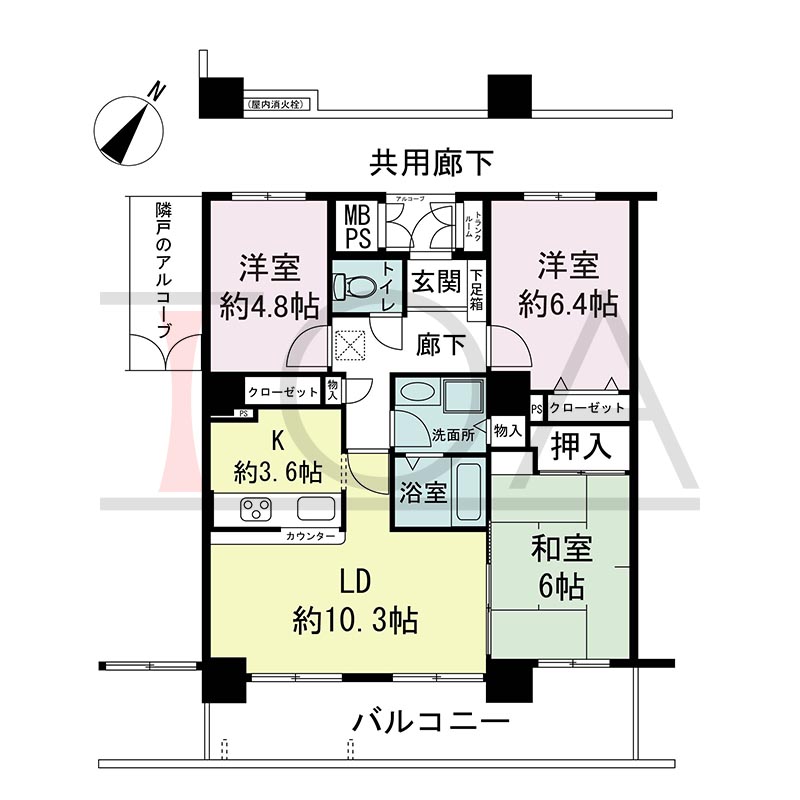 キャナルタウン中央の間取り図 南東向き 3LDK 専有面積70.91m2
バルコニー面積14.31m2※13.43m2のお部屋あり
トランクルーム面積0.48m2