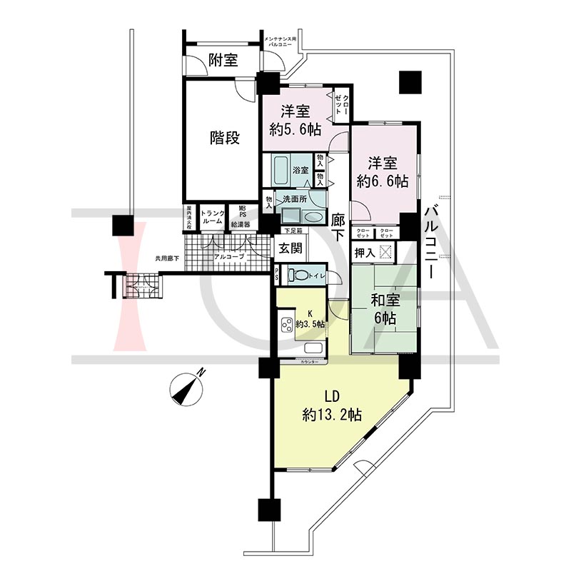キャナルタウン中央の間取り図 南東向き角 3LDK 専有面積78.36m2
バルコニー面積40.24m2※40.58m2のお部屋あり
トランクルーム面積1.40m2