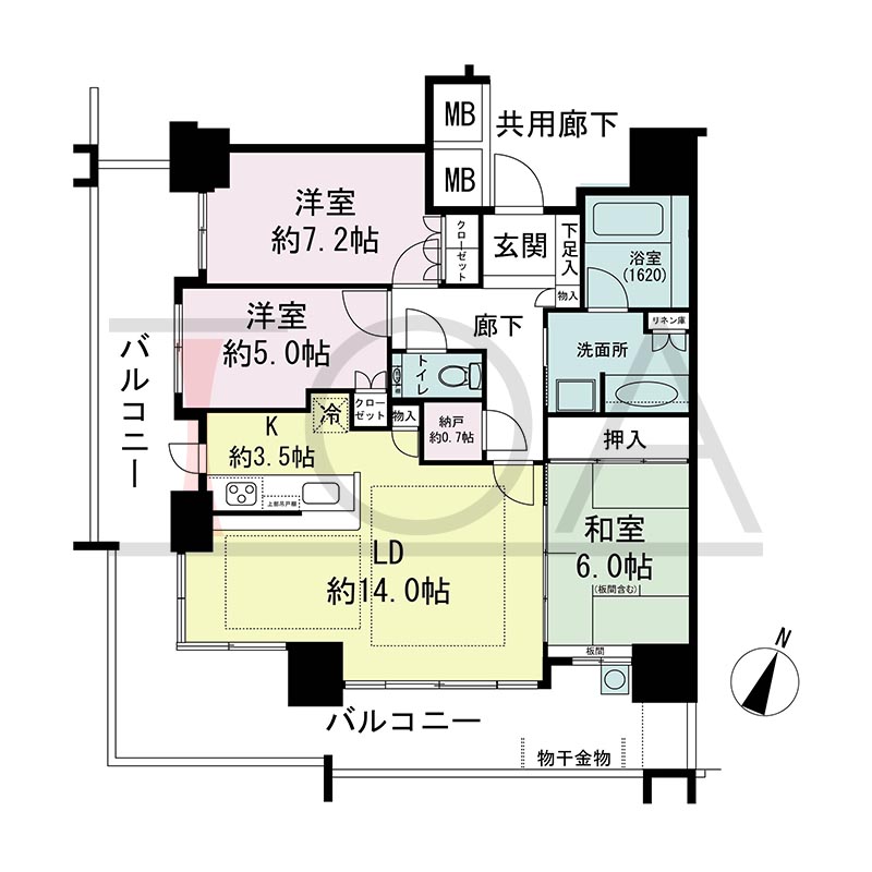 プラウドタワー住吉の間取り図 南西向き角 3LDK+N(納戸) 専有面積82.57m2
バルコニー面積34.26m2