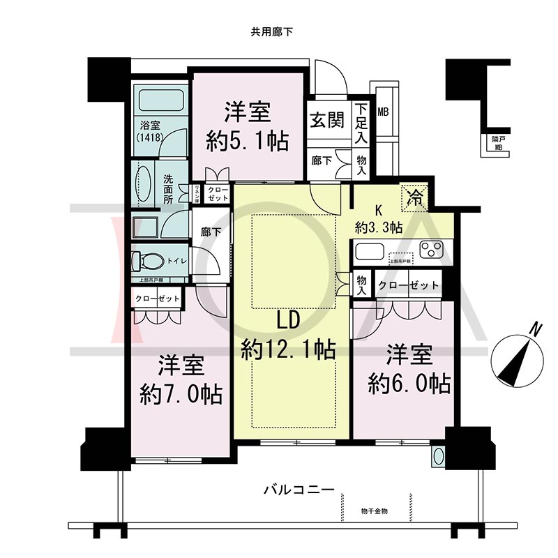 プラウドタワー住吉の間取り図 南向き 3LDK 専有面積72.75m2
バルコニー面積16.64m2