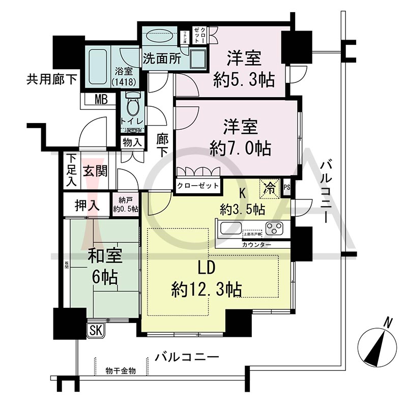 プラウドタワー住吉の間取り図 南東向き角 3LDK+N(納戸) 専有面積76.58m2
バルコニー面積31.22m2