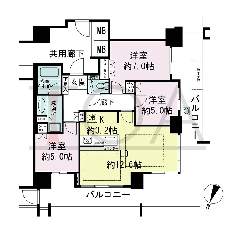 プラウドタワー住吉の間取り図 北西向き角 3LDK 専有面積72.45m2
バルコニー面積31.91m2