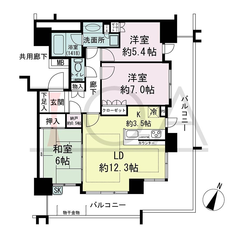 プラウドタワー住吉の間取り図 南東向き角 3LDK+N(納戸) 専有面積76.80m2
バルコニー面積31.22m2