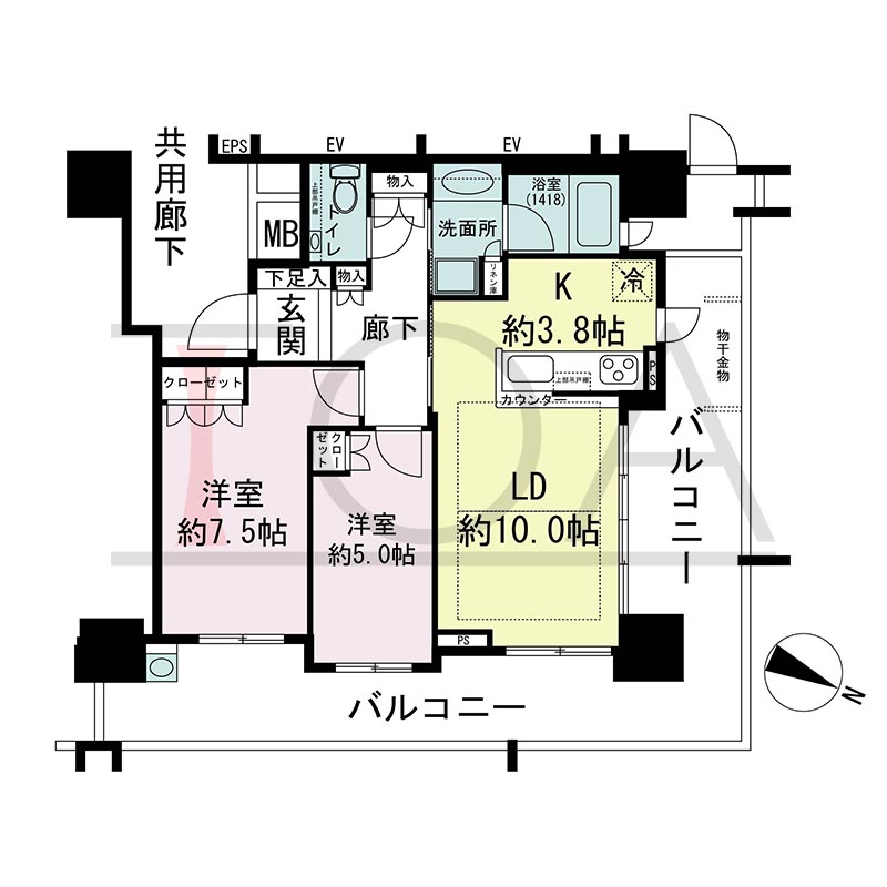 プラウドタワー住吉の間取り図 北東向き角 2LDK 専有面積60.85m2
バルコニー面積28.27m2