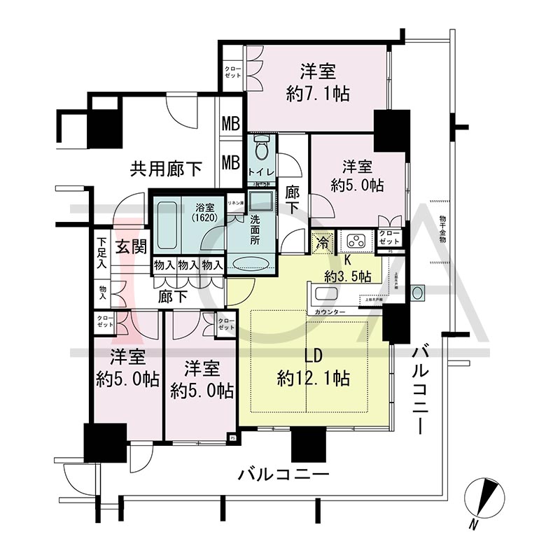 プラウドタワー住吉の間取り図 北西向き角 4LDK 専有面積85.70m2
バルコニー面積36.84m2