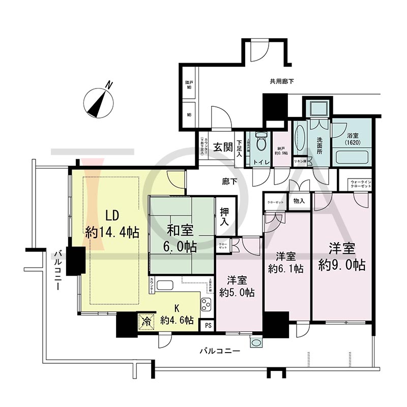 プラウドタワー住吉の間取り図 南西向き角 4LDK+N(納戸) 専有面積103.93m2
バルコニー面積34.97m2
