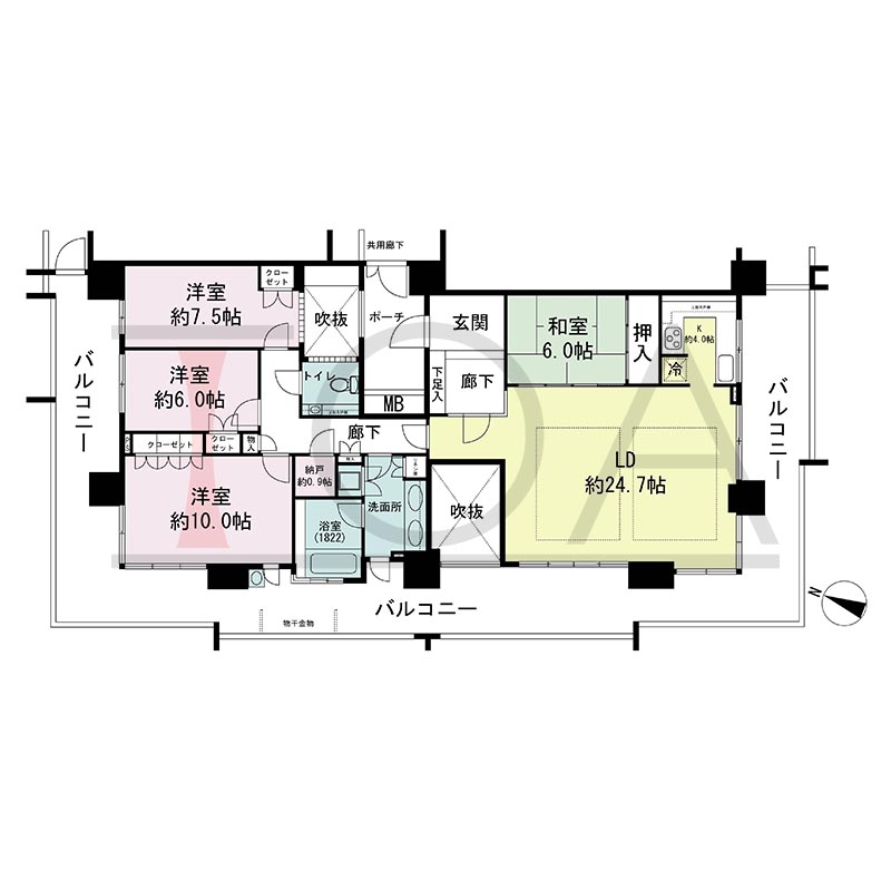 プラウドタワー住吉の間取り図 南西向き角 4LDK+N(納戸) 専有面積132.78m2
バルコニー面積72.31m2
ポーチ面積7.25m2