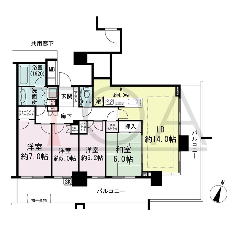 プラウドタワー住吉の間取り図 南東向き角 4LDK+N(納戸) 専有面積93.39m2
バルコニー面積39.97m2