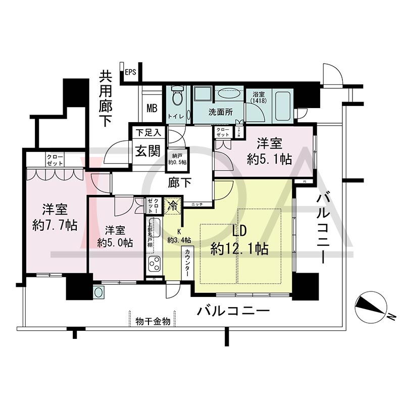 プラウドタワー住吉の間取り図 北東向き角 3LDK+N(納戸) 専有面積77.50m2
バルコニー面積31.66m2