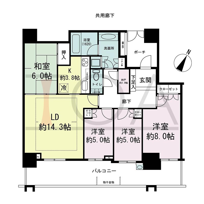 プラウドタワー住吉の間取り図 南向き 4LDK+N(納戸) 専有面積95.81m2
バルコニー面積22.59m2
ポーチ面積6.66m2