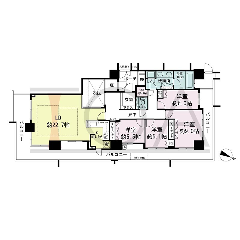 プラウドタワー住吉の間取り図 南東向き角 4LDK+N(納戸) 専有面積121.27m2
バルコニー面積51.29m2
ポーチ面積5.09m2