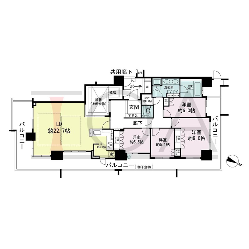 プラウドタワー住吉の間取り図 南東向き角 4LDK+N(納戸) 専有面積121.27m2
バルコニー面積51.29m2
ポーチ面積5.09m2