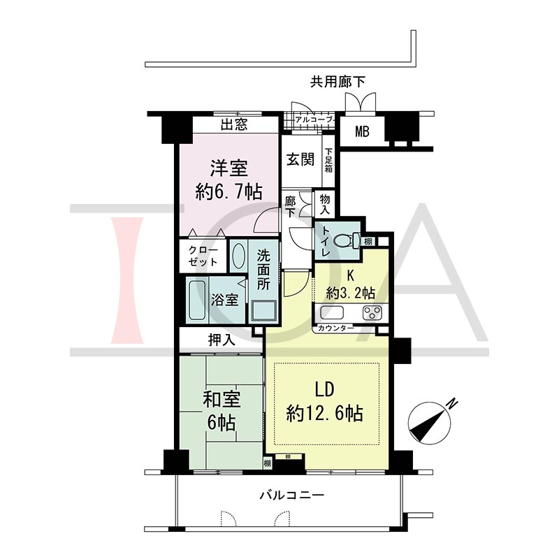 ティオ舞子の間取り図 南東向き 2LDK 専有面積66.87m2
バルコニー面積約12m2