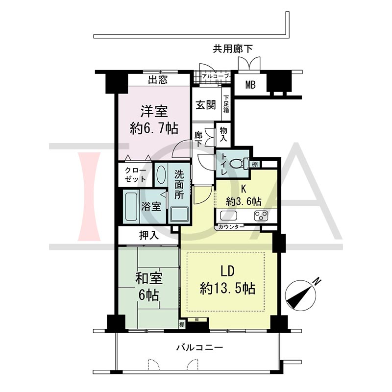 ティオ舞子の間取り図 南東向き 2LDK 専有面積69.17m2
バルコニー面積約12m2