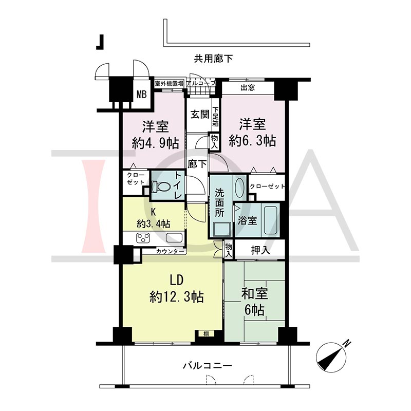 ティオ舞子の間取り図 南東向き 3LDK 専有面積74.19m2
バルコニー面積約12m2