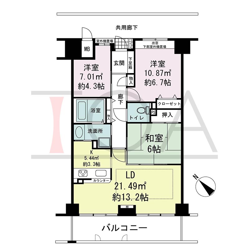 ティオ舞子の間取り図 南西向き 3LDK 専有面積74.19m2
バルコニー面積約12m2
