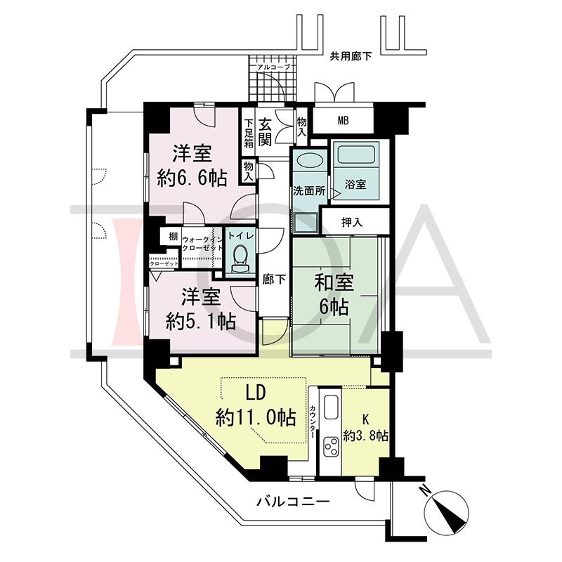 ティオ舞子の間取り図 南西北西向き角 3LDK 専有面積75.55m2
バルコニー面積約24m2