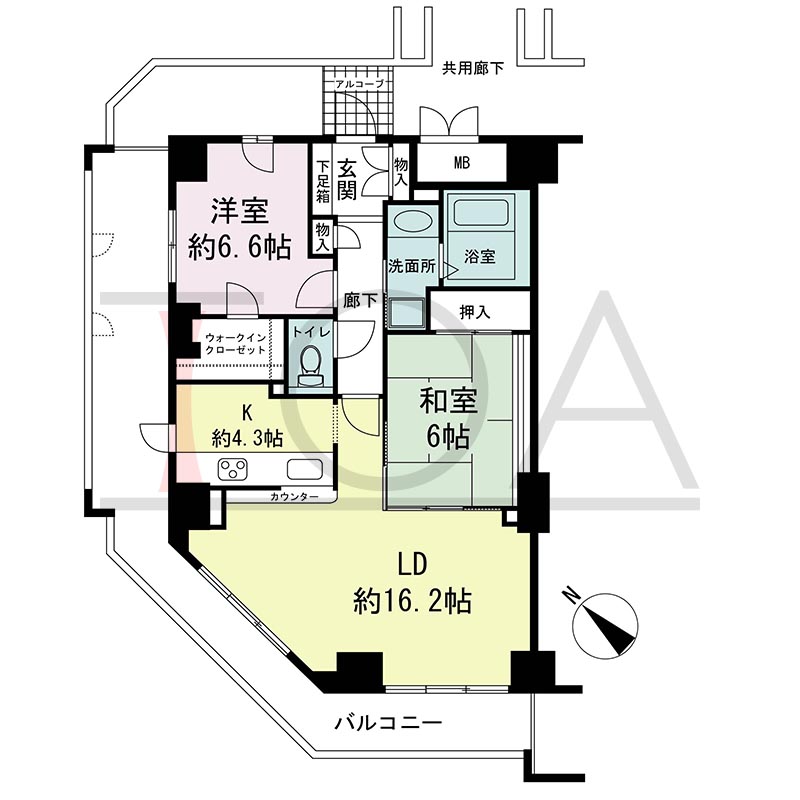 ティオ舞子の間取り図 南西北西向き角 2LDK 専有面積75.55m2
バルコニー面積約24m2