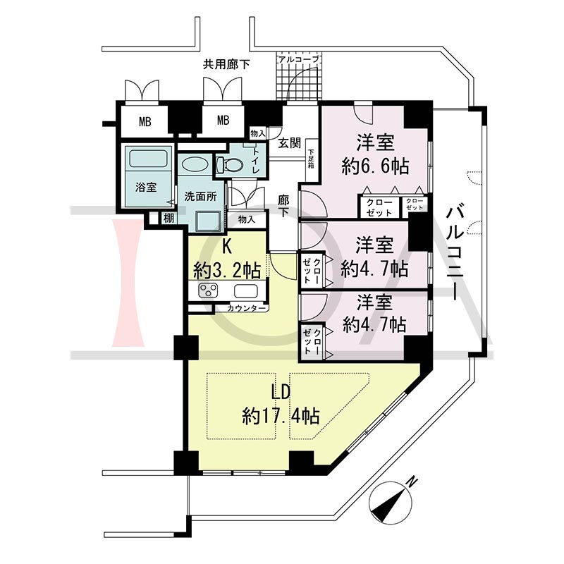 ティオ舞子の間取り図 南東北東向き角 3LDK 専有面積80.65m2
バルコニー面積約24m2