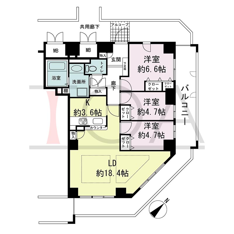 ティオ舞子の間取り図 南東北東向き角 3LDK 専有面積82.94m2
バルコニー面積約24m2