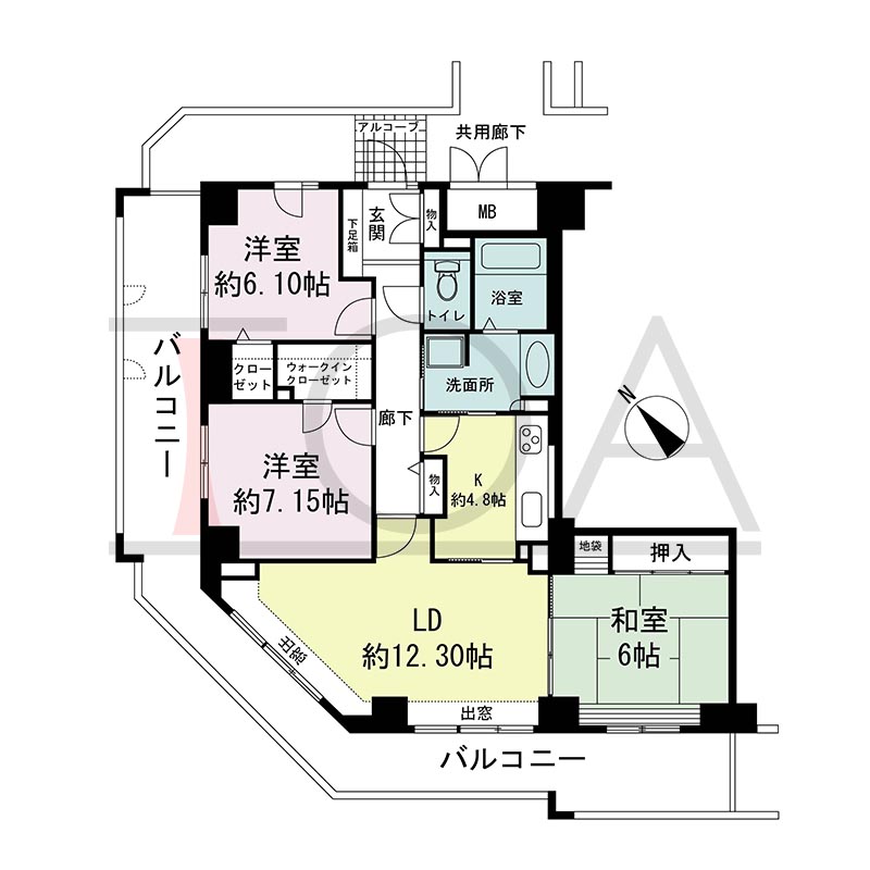 ティオ舞子の間取り図 南西北西向き角 3LDK 専有面積90.29m2
バルコニー面積約30m2