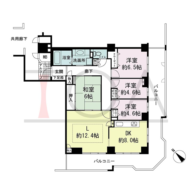 ティオ舞子の間取り図 南東南西向き角 4LDK 専有面積97.06m2
バルコニー面積約33m2