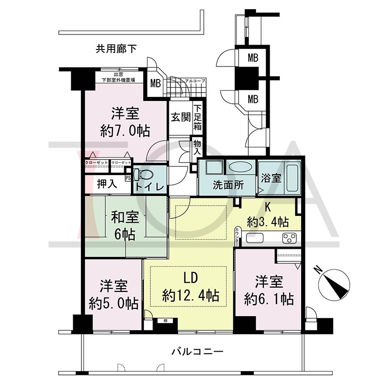 ティオ舞子の間取り図 南西向き 4LDK 専有面積85.57m2
バルコニー面積約16m2