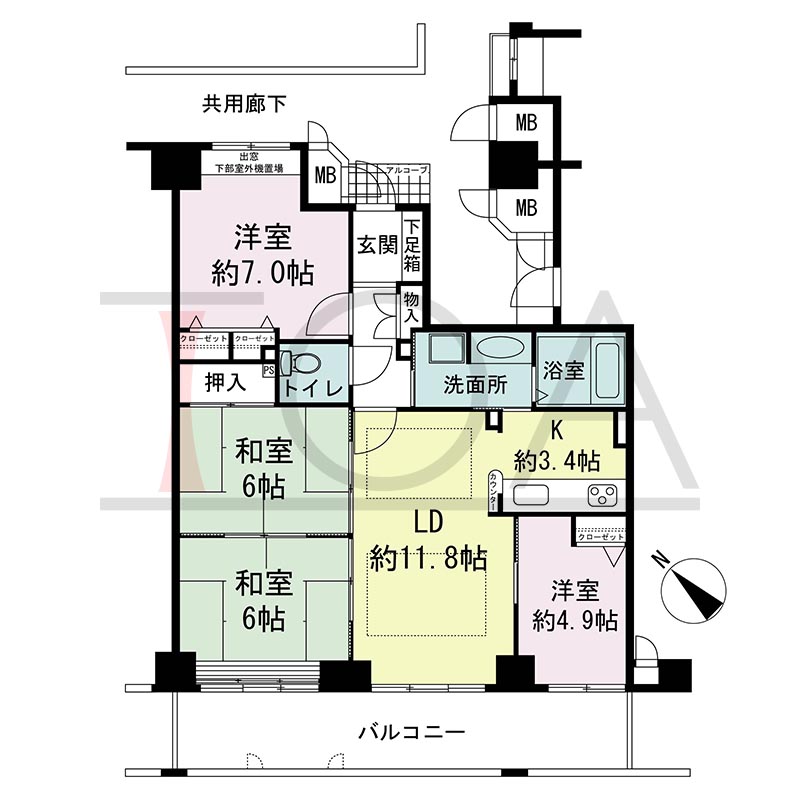 ティオ舞子の間取り図 南西向き 4LDK 専有面積85.57m2
バルコニー面積約16m2