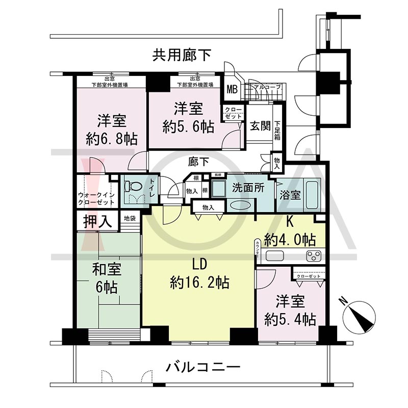 ティオ舞子の間取り図 南西向き 4LDK 専有面積105.27m2
バルコニー面積約18m2
