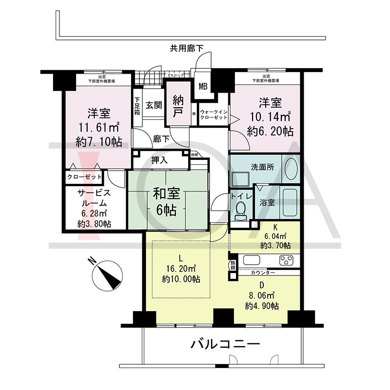 ティオ舞子の間取り図 南西向き 3LDK+S 専有面積97.40m2
バルコニー面積約12m2
