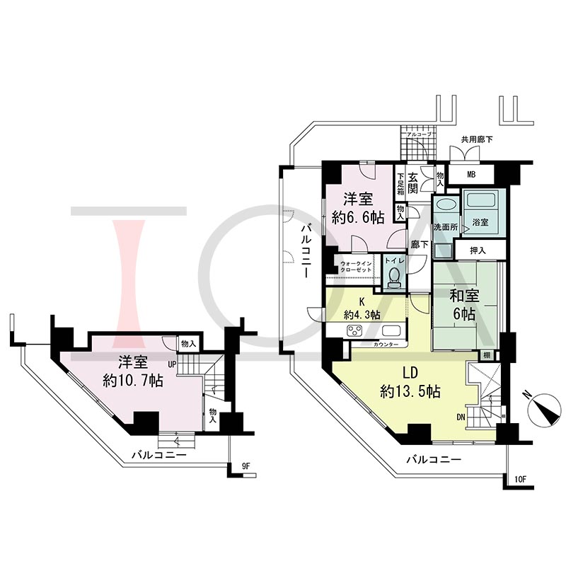 ティオ舞子の間取り図 南西北西向き角 3LDK(メゾネット) 専有面積95.84m2
バルコニー面積約36m2