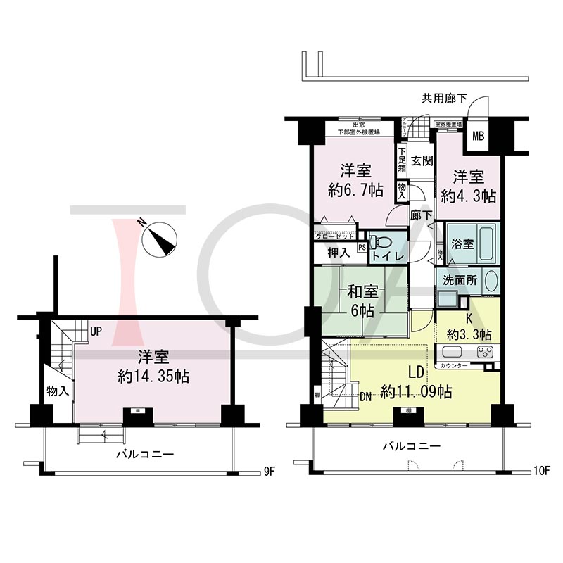 ティオ舞子の間取り図 南西向き 4LDK(メゾネット) 専有面積99.93m2
バルコニー面積約24m2