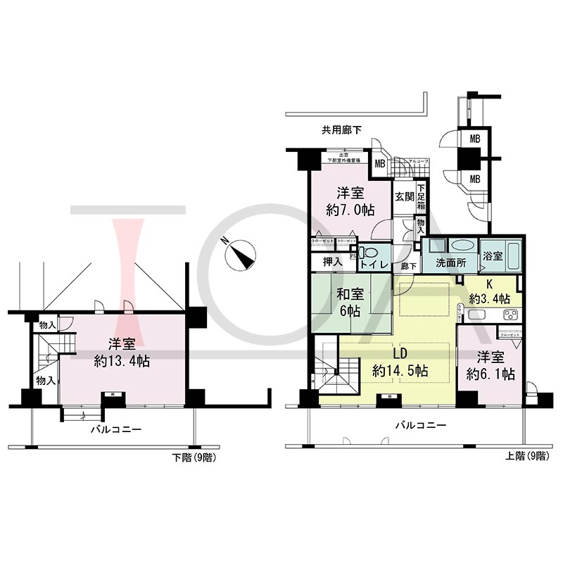ティオ舞子の間取り図 南西向き 4LDK(メゾネット) 専有面積110.06m2
バルコニー面積約30m2