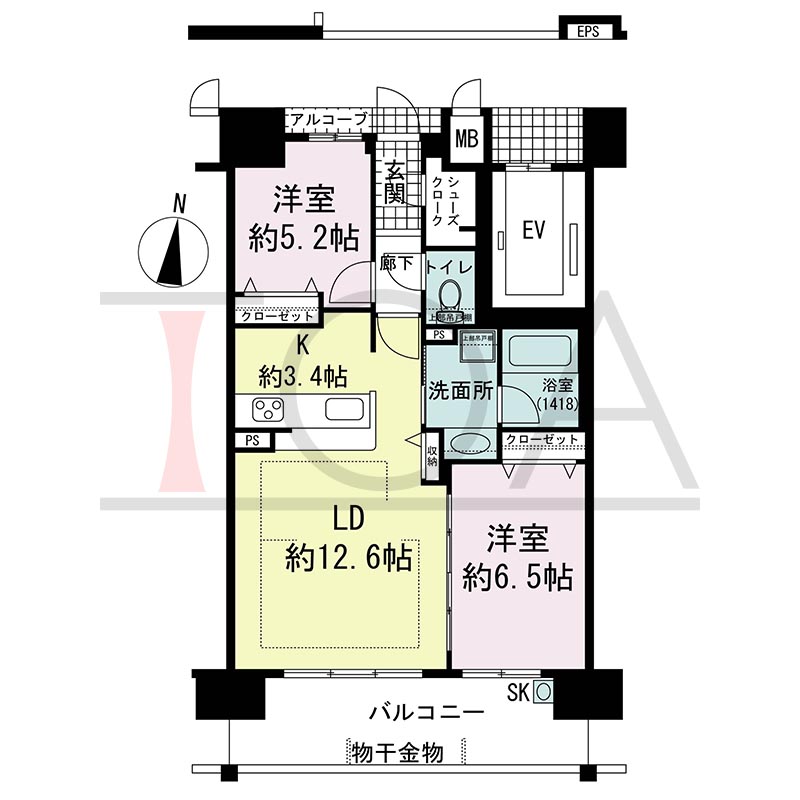 アルファステイツ垂水駅前の間取り図 南向き 2LDK 専有面積62.26m2
アルコーブ面積1.63m2
バルコニー面積12.92m2(19.61m2のお部屋も有り)