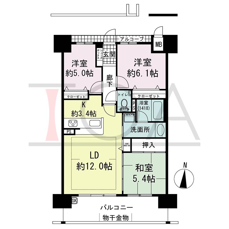 アルファステイツ垂水駅前の間取り図 南向き 3LDK 専有面積71.34m2
アルコーブ面積2.44m2
バルコニー面積13.39m2