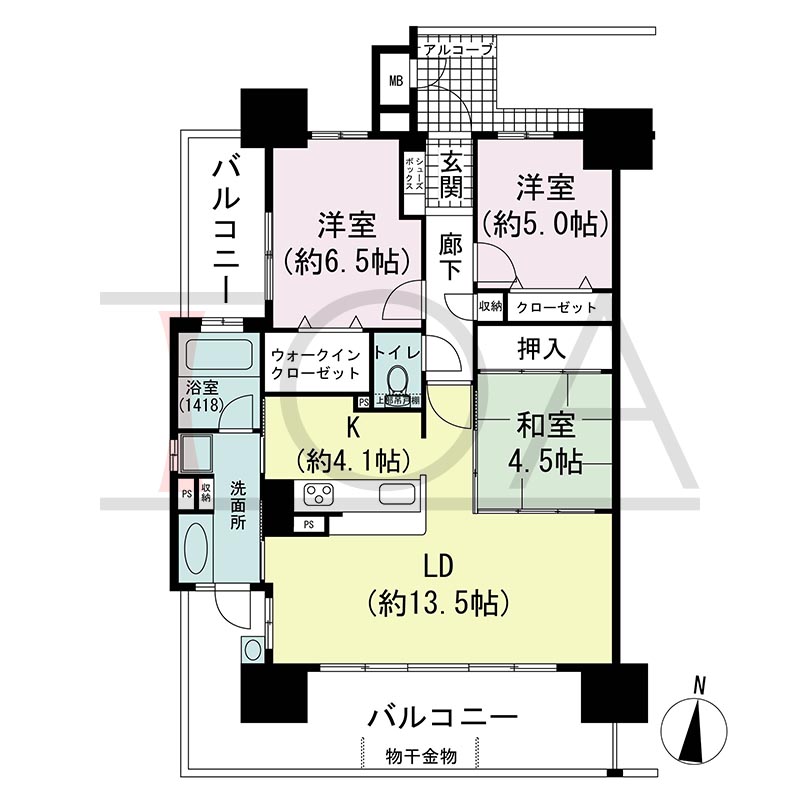 アルファステイツ垂水駅前の間取り図 南西向き角 3LDK 専有面積76.58m2
アルコーブ面積3.93m2
バルコニー面積23.99m2(30.68m2のお部屋も有り)