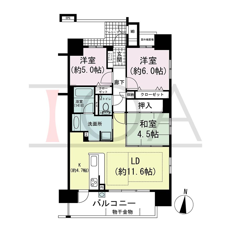 アルファステイツ垂水駅前の間取り図 南東向き角 3LDK 専有面積73.44m2
アルコーブ面積3.91m2
バルコニー面積11.82m2