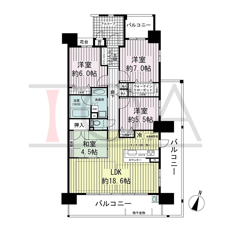 ワコーレ舞子グランテラスの間取り図 南東向き角 4LDK 専有面積90.54m2
バルコニー面積37.83m2
アルコーブ面積5.34m2
テラス面積41.85m2※テラス住戸タイプのみ