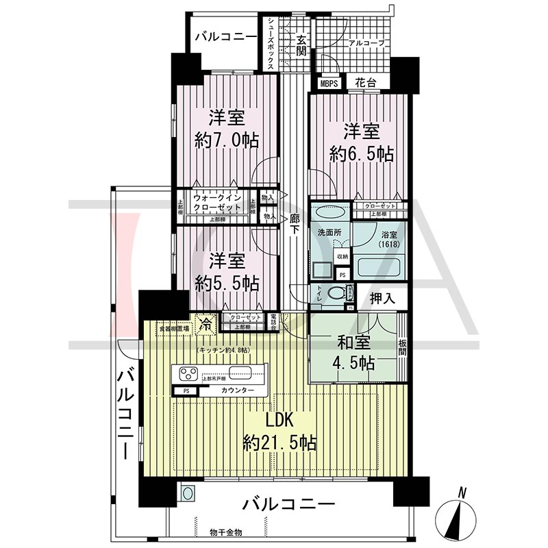ワコーレ舞子グランテラスの間取り図 南西向き角 4LDK 専有面積100.28m2
バルコニー面積31.31m2
アルコーブ面積4.44m2