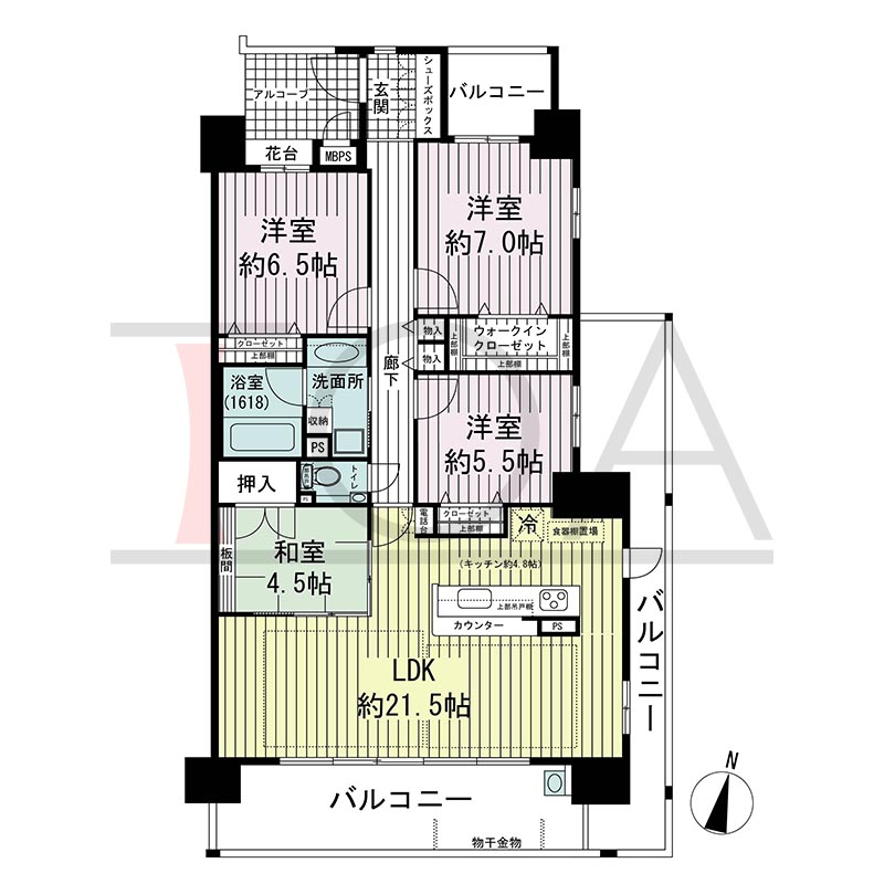 ワコーレ舞子グランテラスの間取り図 南東向き角 4LDK 専有面積100.28m2
バルコニー面積31.31m2
アルコーブ面積4.44m2