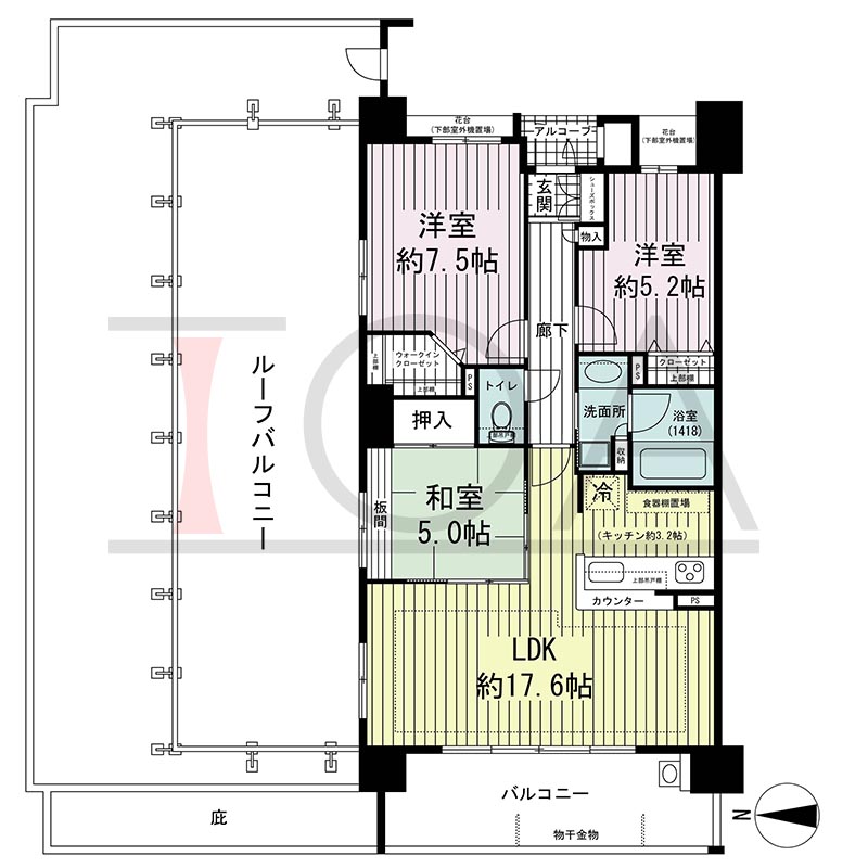 ワコーレ舞子グランテラスの間取り図 北西向き角 3LDK 専有面積75.80m2
バルコニー面積11.34m2
ルーフバルコニー面積41.30m2
アルコーブ面積1.36m2