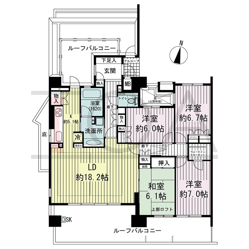 ビスタグランデ舞子B棟の間取り図 南西向き角 4LDK 専有面積111.31m2
ルーフバルコニー面積40.43m2
アルコーブ面積1.92m2