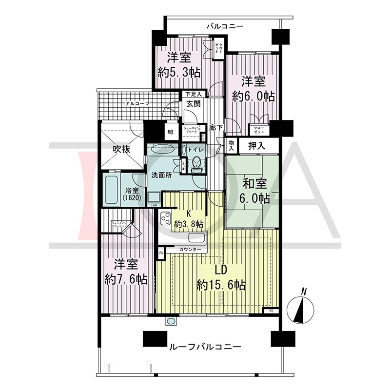 ビスタグランデ舞子B棟の間取り図 南向き 4LDK 専有面積98.54m2
バルコニー面積7.32m2
ルーフバルコニー面積25.81m2
アルコーブ面積5.92m2