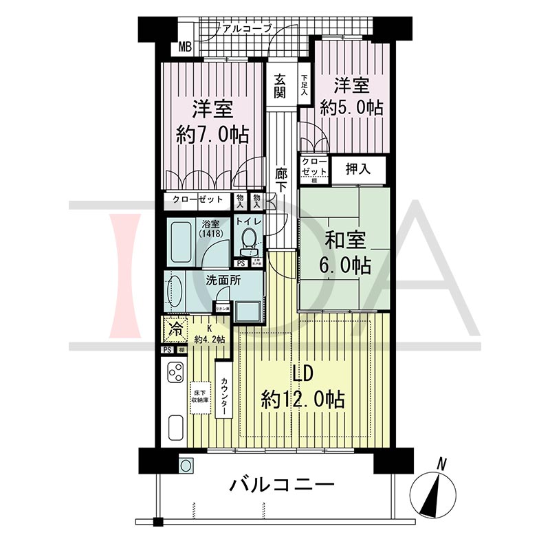 ビスタグランデ舞子C棟の間取り図 南向き 3LDK 専有面積76.45m2
バルコニー面積13.40m2
アルコーブ面積4.74m2
テラス面積13.40m2※テラス住戸タイプのみ