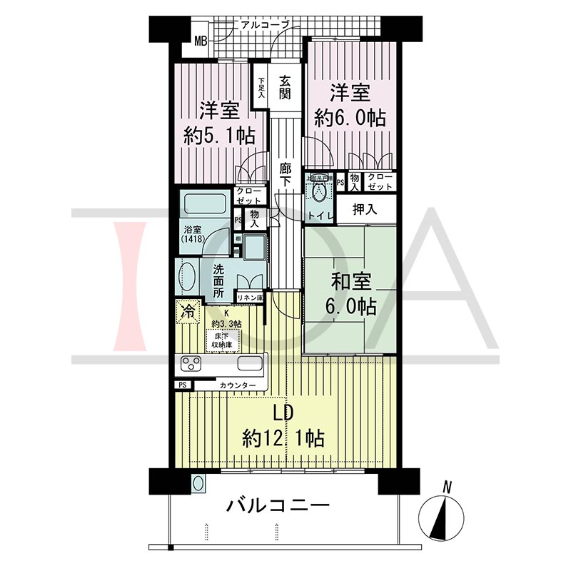 ビスタグランデ舞子C棟の間取り図 南向き 3LDK 専有面積72.15m2
バルコニー面積12.60m2
アルコーブ面積4.12m2
テラス面積12.60m2※テラス住戸タイプのみ
