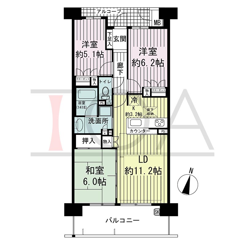 ビスタグランデ舞子C棟の間取り図 南向き 3LDK 専有面積68.49m2
バルコニー面積12.00m2
アルコーブ面積4.09m2
テラス面積12.00m2※テラス住戸タイプのみ