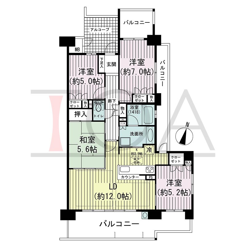 ビスタグランデ舞子C棟の間取り図 南東向き角 4LDK 専有面積85.01m2
バルコニー面積28.30m2、12.00m2のお部屋あり
アルコーブ面積6.48m2
テラス面積17.50m2※テラス住戸タイプのみ