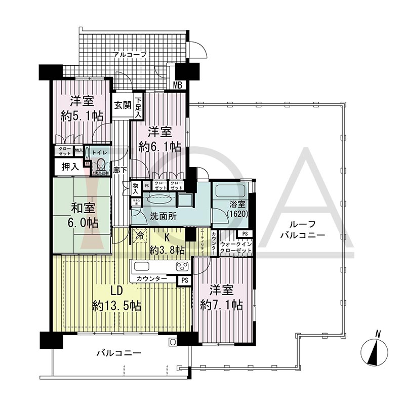 ビスタグランデ舞子C棟の間取り図 南東向き角 4LDK 専有面積95.04m2
バルコニー面積15.38m2
ルーフバルコニー面積88.11m2
アルコーブ面積11.95m2