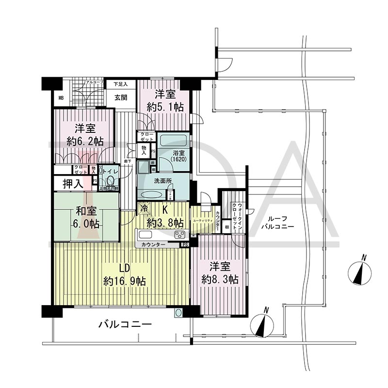 ビスタグランデ舞子C棟の間取り図 南東向き角 4LDK 専有面積107.11m2
バルコニー面積17.78m2
ルーフバルコニー面積109.97m2
アルコーブ面積2.79m2