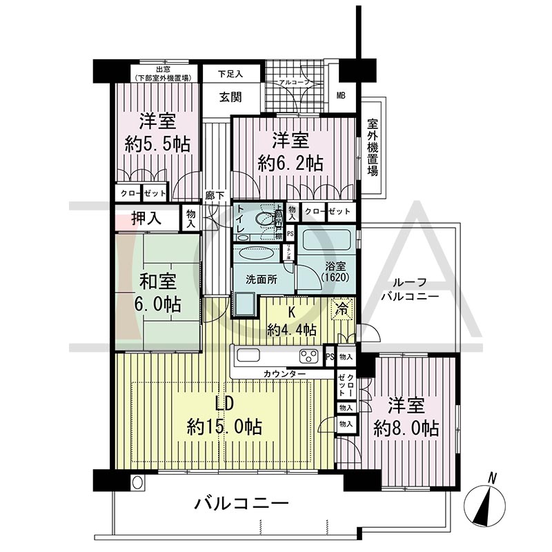 ビスタグランデ舞子C棟の間取り図 南東向き角 4LDK 専有面積98.30m2
バルコニー面積18.31m2
ルーフバルコニー面積12.30m2
アルコーブ面積2.94m2